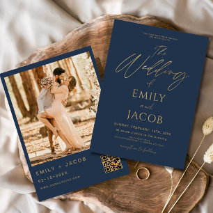 Navy Blue Gold Wedding QR Code Photo Script Invitation
