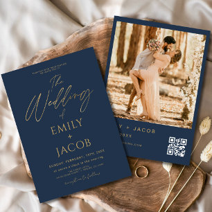 Navy Blue Gold Wedding QR Code Photo Script Invitation