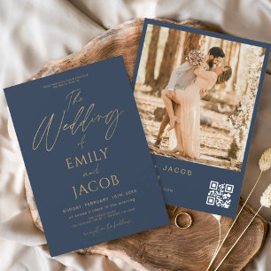 Navy Blue Gold Wedding QR Code Photo Script Invitation