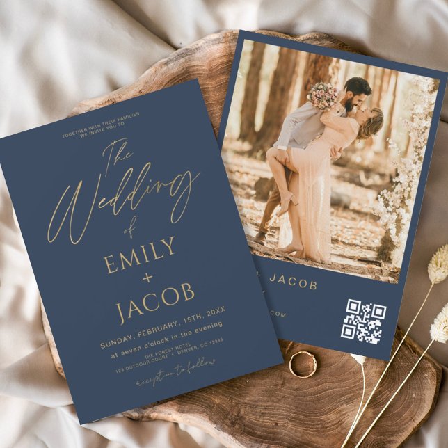Navy Blue Gold Wedding QR Code Photo Script Invitation (Creator Uploaded)