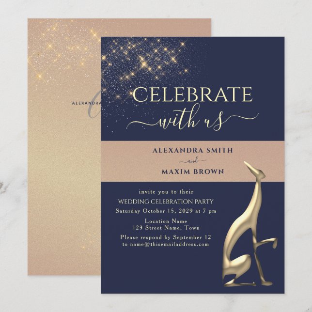 Navy Blue Gold Wedding Reception Invitation (Front/Back)