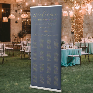 Navy Blue Gold Wedding Welcome & Seating Chart Retractable Banner