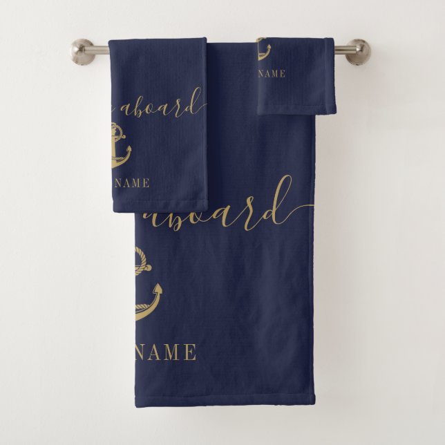 Navy Blue Gold Welcome Aboard Nautical Boat Name Bath Towel Set (Insitu)