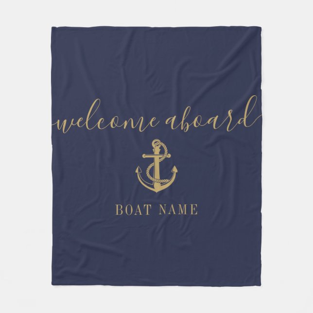 Navy Blue Gold Welcome Aboard Nautical Boat Name Fleece Blanket (Front)