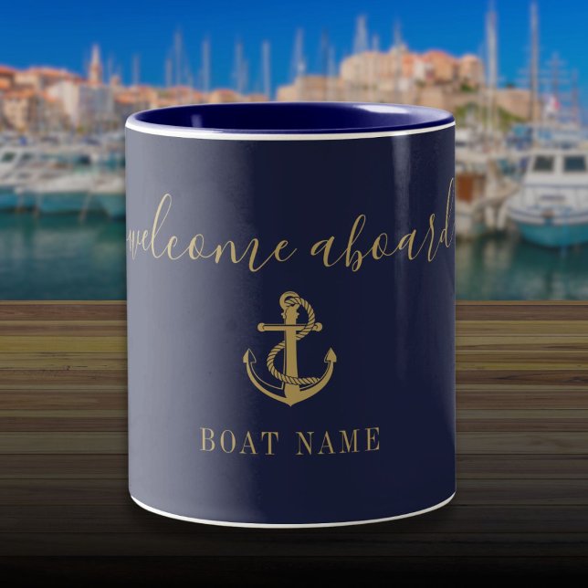 Navy Blue Gold Welcome Aboard Nautical Boat Name Two-Tone Coffee Mug (Navy Blue Gold Welcome Aboard Nautical Boat Name Two-Tone Coffee Mug)