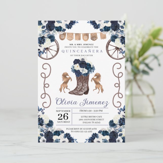 Navy Blue Gold Western Charra Boots Quinceañera Invitation (Standing Front)