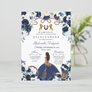 Navy Blue Gold Western Charra Ranchero Quinceanera Invitation