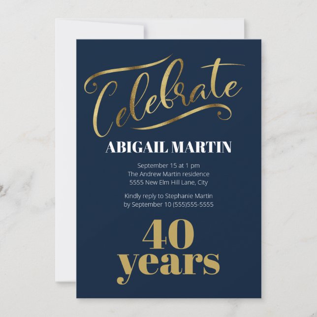 Navy Blue Gold White 40th Birthday Party Invitation (Front)