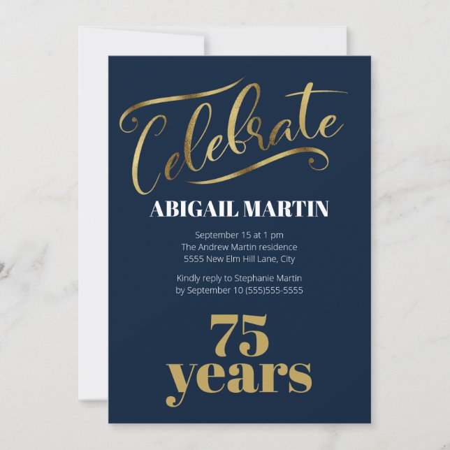 Navy Blue Gold White 75th Birthday Party Invitation (Front)