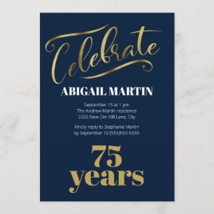 Navy Blue Gold White 75th Birthday Party Invitation