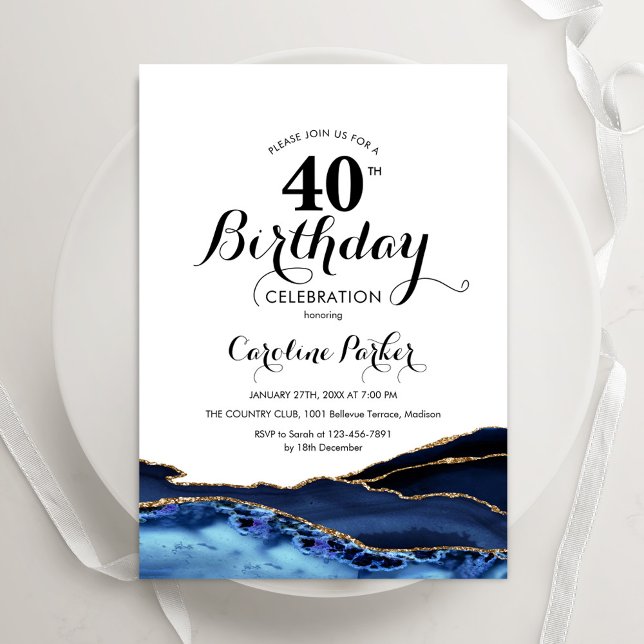 Navy Blue Gold White Agate 40th Birthday Invitation (Creator Uploaded)