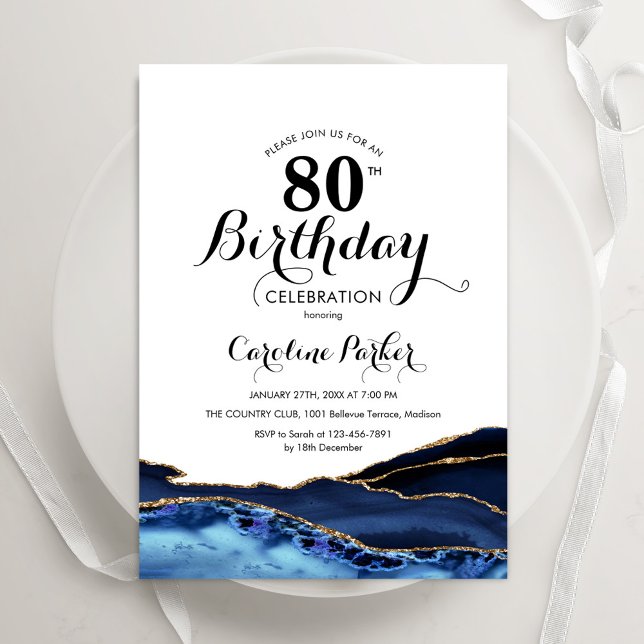Navy Blue Gold White Agate 80th Birthday Invitation (Creator Uploaded)