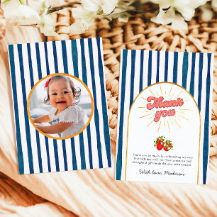 Navy Blue Gold White Birthday Photo Strawberry Thank You Card
