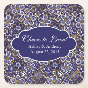 Navy Blue Gold White Floral Personalised Wedding Square Paper Coaster