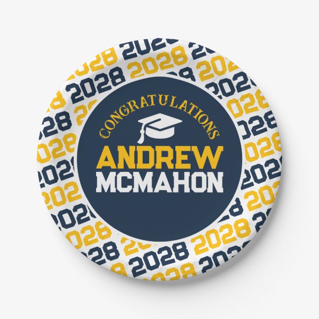 Navy Blue, Gold & White Graduation Personalised Paper Plate (Front)