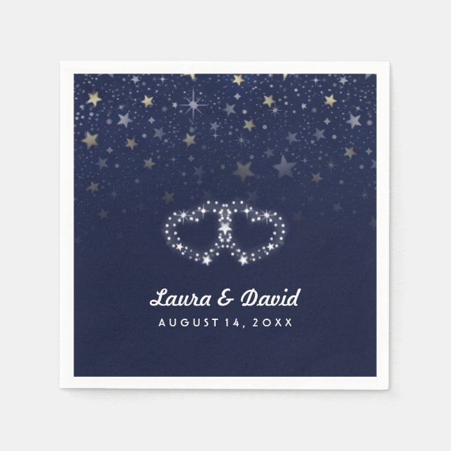 Navy Blue Gold & White Hearts & Stars Wedding Napkin (Front)