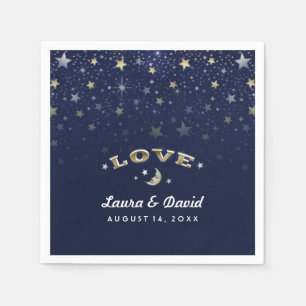 Navy Blue Gold & White LOVE Moon & Stars Wedding Napkin
