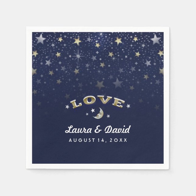 Navy Blue Gold & White LOVE Moon & Stars Wedding Napkin (Front)