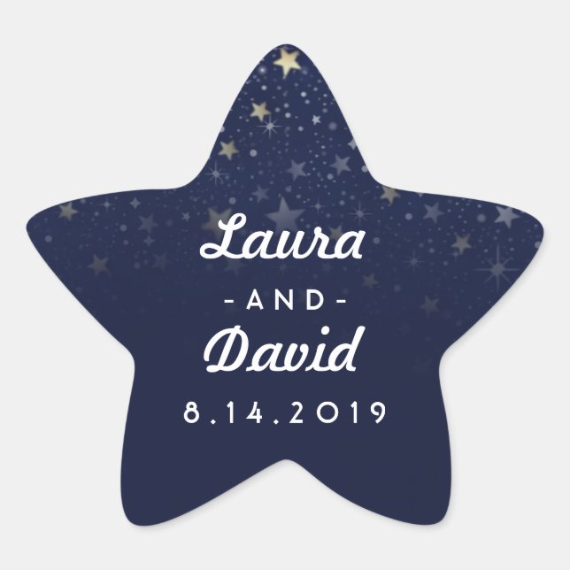 Navy Blue Gold & White Stars Wedding Names & Date Star Sticker (Front)