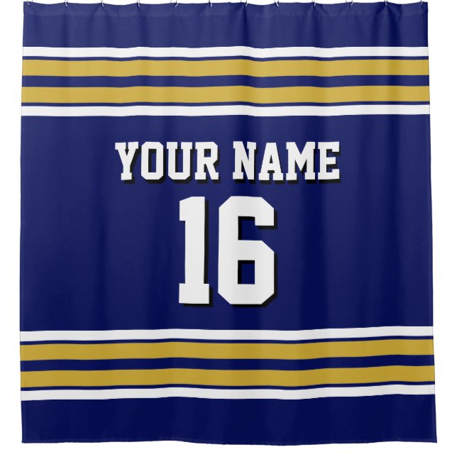 Navy Blue Gold White Stripes Sports Jersey Shower Curtain (Front)