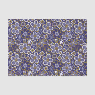Navy Blue, Gold, White Whimsical Floral Flower Tissue Paper
