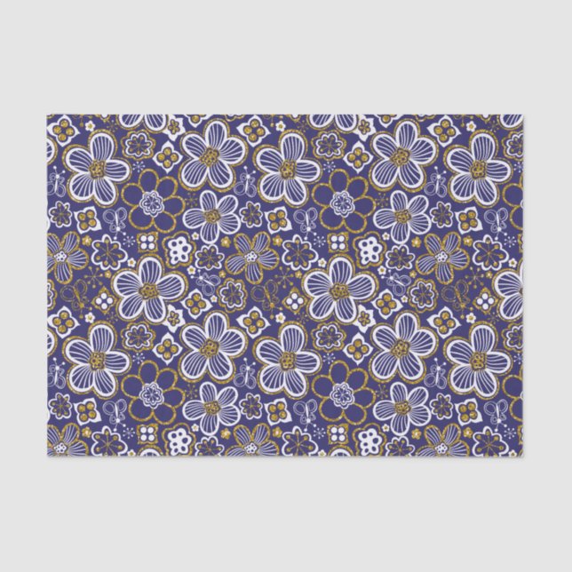 Navy Blue, Gold, White Whimsical Floral Flower Tissue Paper (Front)