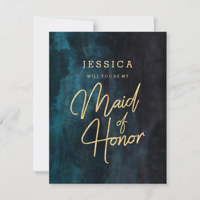 Navy Blue & Gold Will You Be My Maid of Honour Invitation (Front)