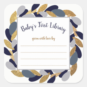 Navy Blue Gold Wreath boy baby shower book Square Sticker