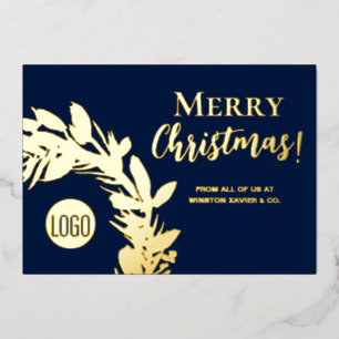 Navy Blue Gold Wreath Merry Christmas Foil Holiday Card