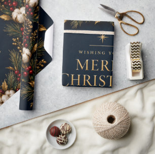 Navy Blue Gold Wreath Merry Christmas Wrapping Pap Paper