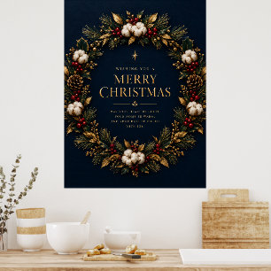 Navy Blue Gold Wreath Merry Christmas Wrapping Pap Poster