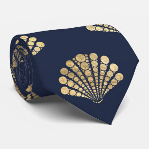 Navy Blue Gold Yellow Mermaid Sea Shells Pattern Tie