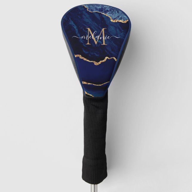 Navy Blue Gold Your Letter Name Golf Head Cover (Front)