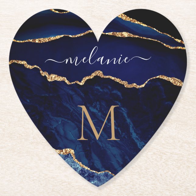 Navy Blue Gold Your Letter Name Paper Coaster (Front)
