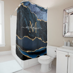 Navy Blue Gold Your Letter Name Shower Curtain