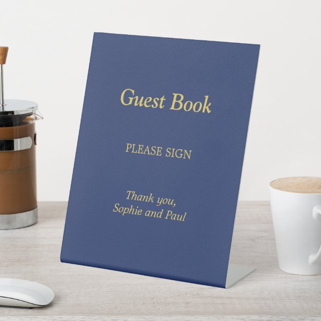 Navy Blue Golden Beige Guest Book Pedestal Sign (In SItu)