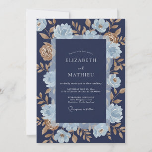 Navy Blue Golden Floral Romance Wedding Invitation