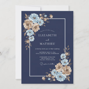 Navy Blue Golden Floral Wedding Invitation