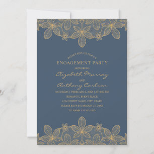 Navy Blue Golden Lace Engagement Party Elegant Invitation