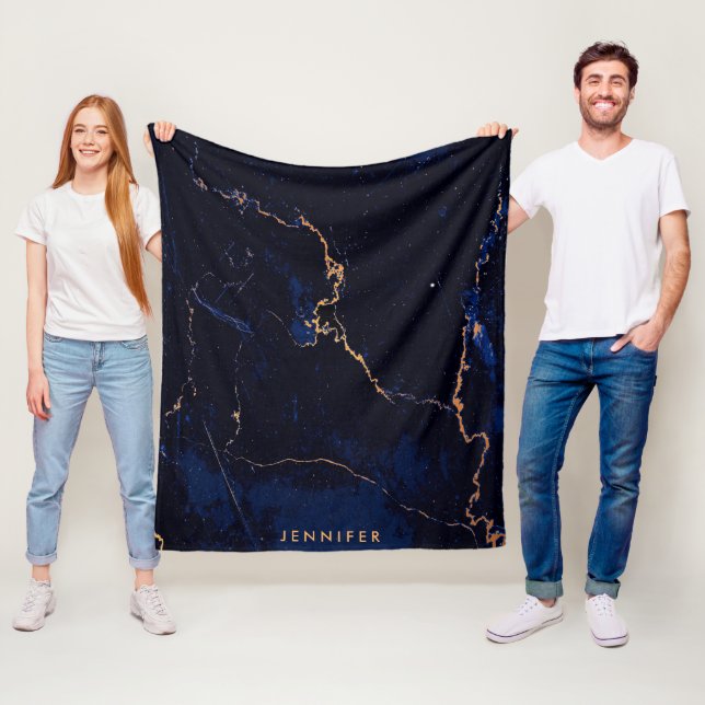 Navy Blue Golden Marble Fleece Blanket (In Situ)