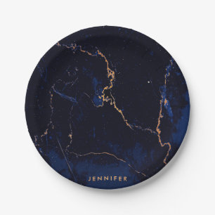 Navy Blue Golden Marble Paper Plate