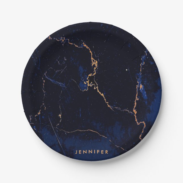 Navy Blue Golden Marble Paper Plate (Front)