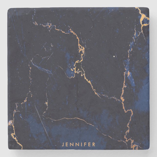 Navy Blue Golden Marble Stone Coaster (Front)