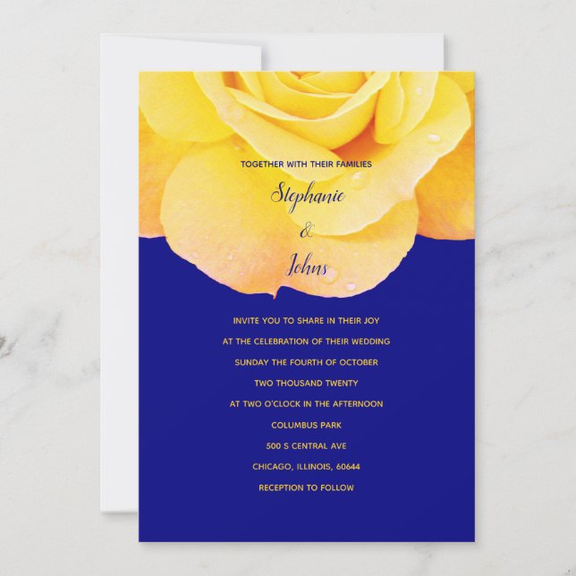 Navy Blue Golden Orange Yellow Rose Floral Wedding Invitation (Front)