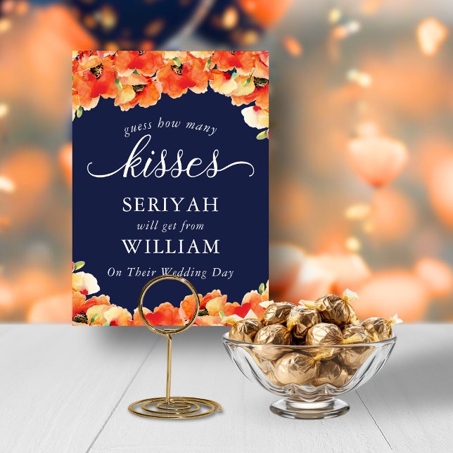 Navy Blue Golden Poppy How Many Kisses Sign Invitation (Navy Blue Golden Poppy How Many Kisses Sign)