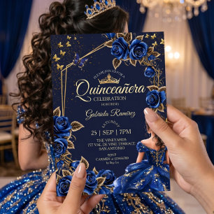 Navy Blue Golden Roses Butterflies Quinceañera Invitation