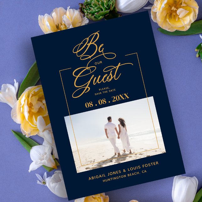 Navy Blue & Golden Sophisticated Minimalist Photo  Save The Date (Navy Blue & Golden Sophisticated Minimalist Photo Elegant Script Save the Date Card with Envelope.)