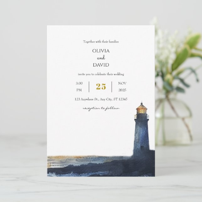 Navy Blue Golden Sunset Lighthouse Beach Wedding  Invitation (Standing Front)