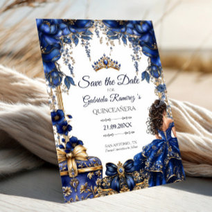 Navy Blue Golden Tiara Floral Quinceañera Save The Date