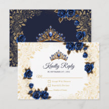 Navy Blue Golden Tiara Floral Rose Quinceañera